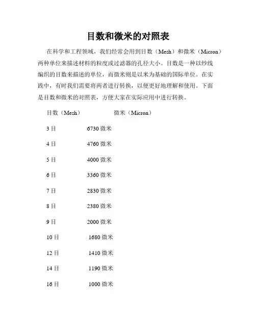 目数和微米的对照表
