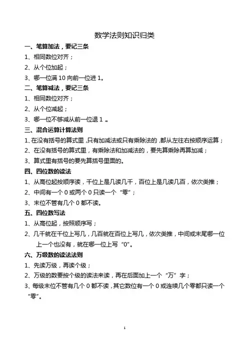 小学数学法则知识归类