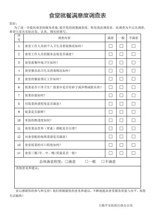 食堂就餐满意度调查反馈表