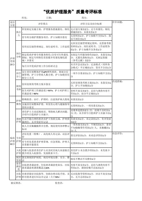 优质护理服务质量评价标准