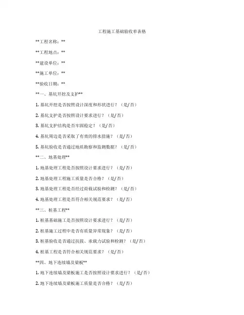 工程施工基础验收单表格