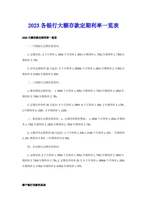 2023各银行大额存款定期利率一览表