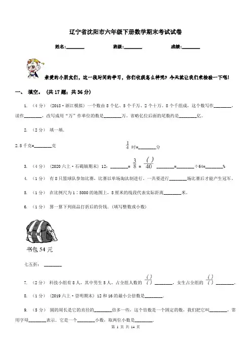 辽宁省沈阳市六年级下册数学期末考试试卷