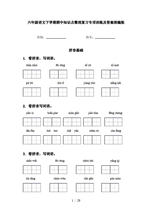 六年级语文下学期期中知识点整理复习专项训练及答案部编版