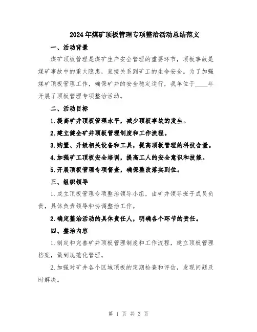 2024年煤矿顶板管理专项整治活动总结范文