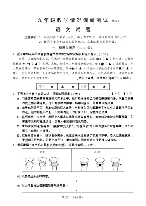 常州市新课结束考试2016.4 九年级语文试卷及参考答案