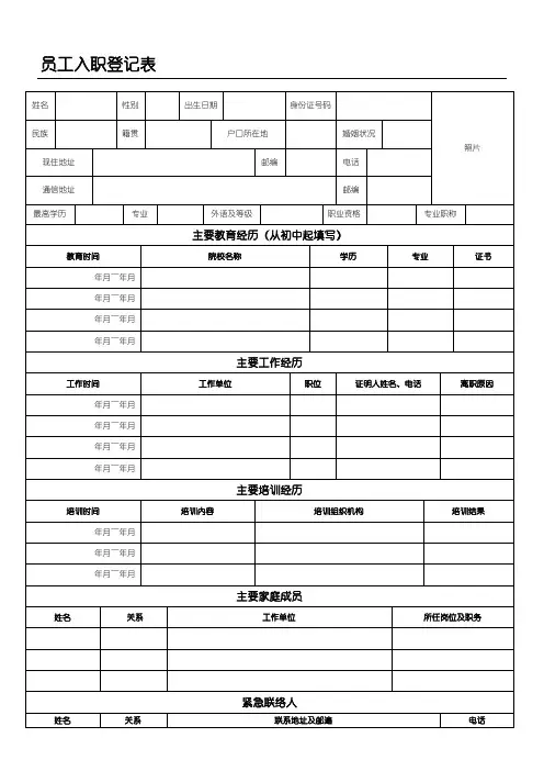 员工入职登记表格模板(正式表格模板)