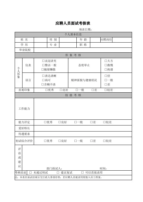 应聘人员面试考核表
