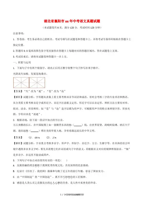 湖北省襄阳市中考语文真题试题(含解析)