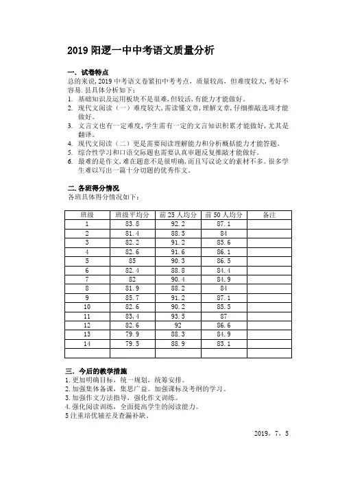 2019中考语文质量分析