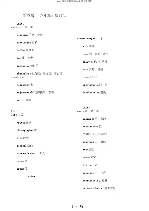 word版沪教版英语六年级下册词汇