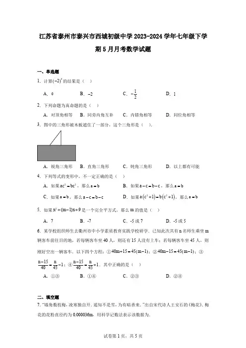 江苏省泰州市泰兴市西城初级中学2023-2024学年七年级下学期5月月考数学试题