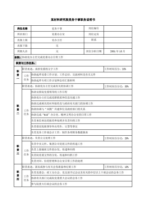 党务干事职务说明书