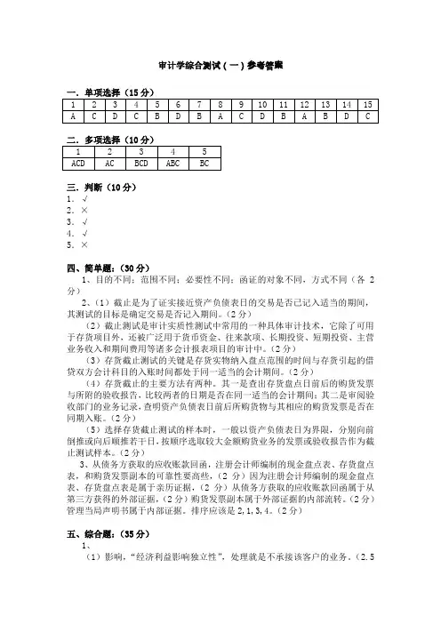 审计学综合测试(一)答案
