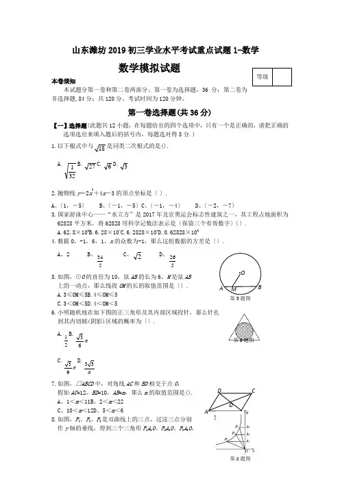 山东潍坊2019初三学业水平考试重点试题1-数学