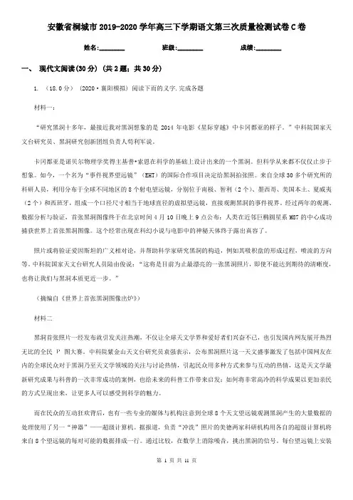 安徽省桐城市2019-2020学年高三下学期语文第三次质量检测试卷C卷