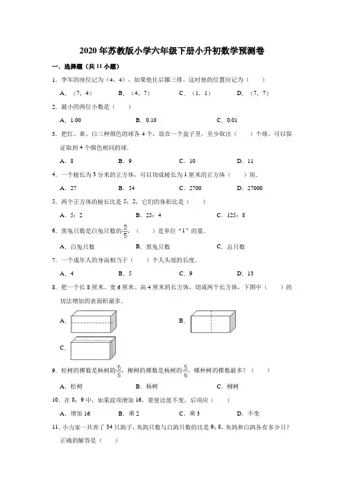 六年级下册数学试题-2020年小升初数学预测卷4(解析版)苏教版