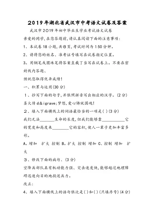湖北省武汉市中考语文试卷及答案