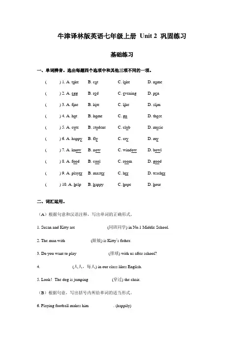 牛津译林版英语七年级上册 Unit 2 巩固练习(有答案)