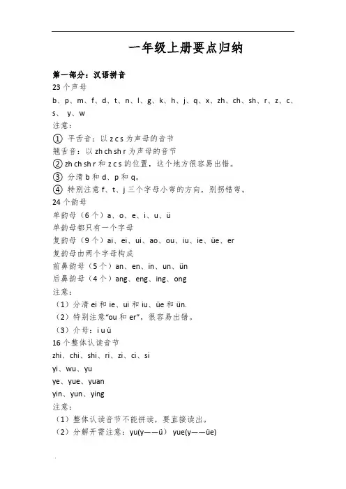 部编人教版一年级语文上册知识点汇总—全面版