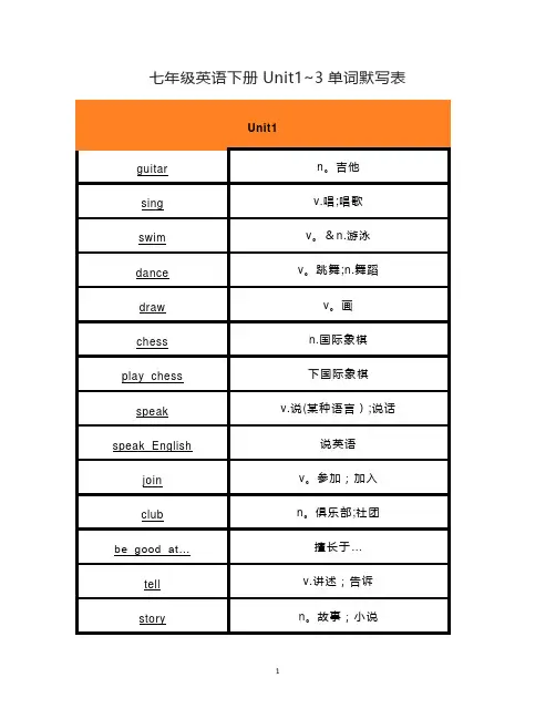 七年级英语下册Unit1~3单词默写表