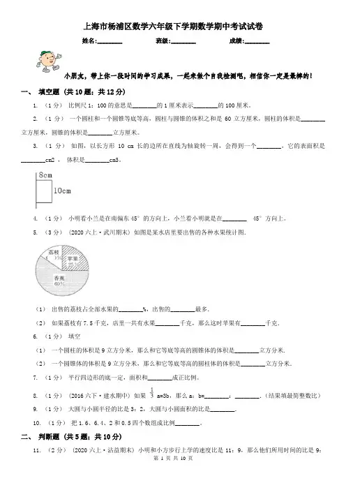 上海市杨浦区数学六年级下学期数学期中考试试卷