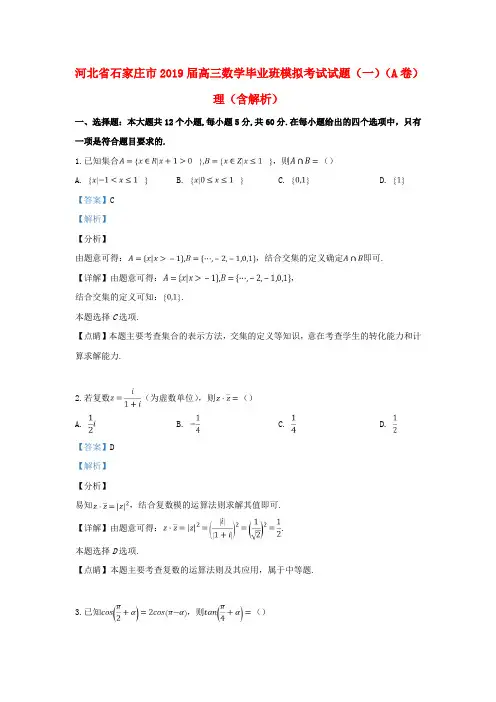 河北省石家庄市2019届高三数学毕业班模拟考试试题(一)(A卷)理(含解析)
