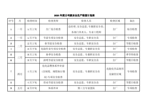 2024年度公司级安全生产检查计划表
