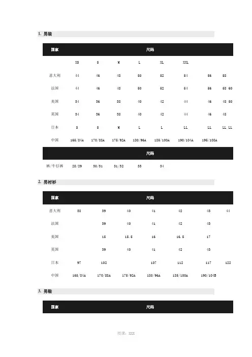 国际尺码对照表