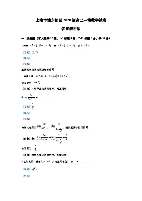 上海市浦东新区2020年高三第一学期期末(高考一模)学科质量检测数学试卷(word解析版)