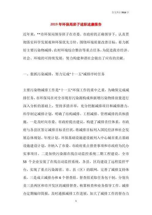 2019年环保局班子述职述廉报告