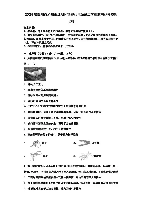 2024届四川省泸州市江阳区物理八年级第二学期期末联考模拟试题含解析