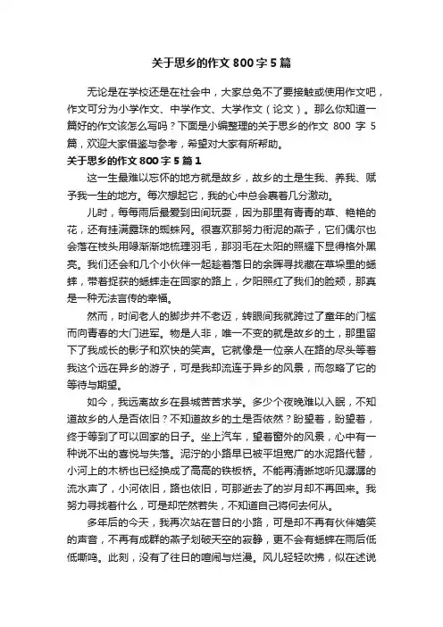 关于思乡的作文800字5篇