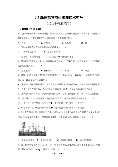 人教版生物七上3.3绿色植物与生物圈的水循环10分钟达标练习(原卷版)
