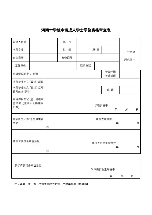 XX学院申请成人学士学位资格审查表【模板】