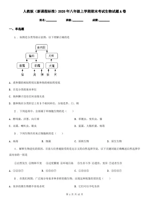 人教版(新课程标准)2020年八年级上学期期末考试生物试题A卷