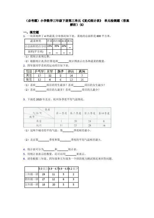 (必考题)小学数学三年级下册第三单元《复式统计表》 单元检测题(答案解析)(6)