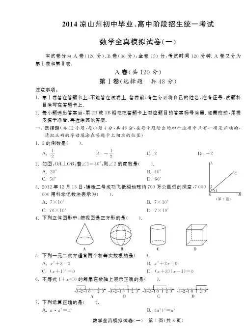 2014届四川凉山州中考数学全真模拟试卷(一)