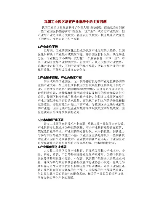 我国工业园区培育产业集群中的主要问题