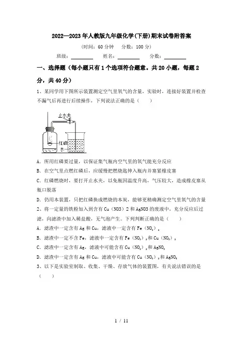 2022—2023年人教版九年级化学(下册)期末试卷附答案