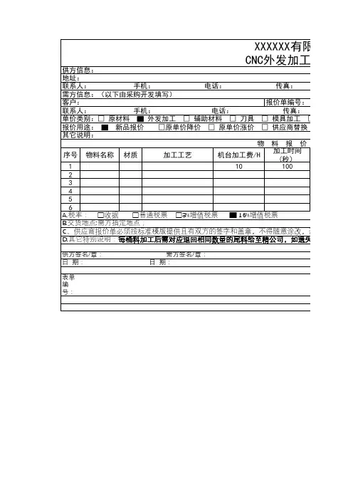 CNC外发加工报价单