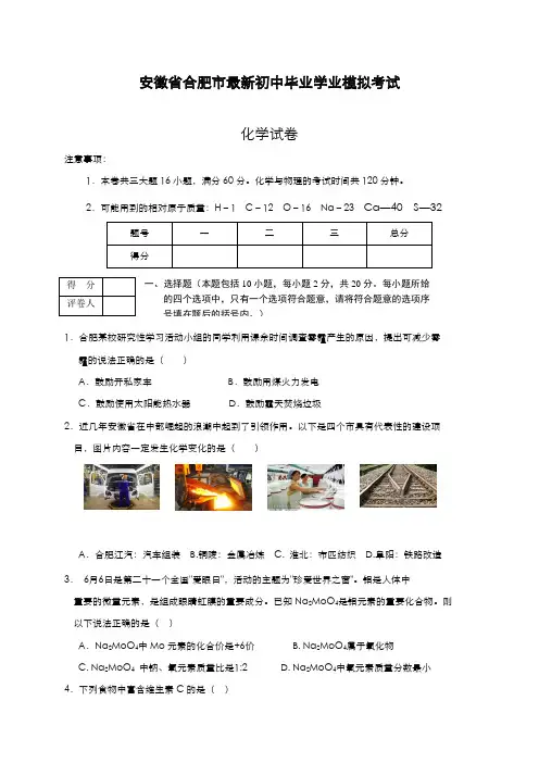 2020-2021学年安徽省合肥市中考二模化学试题及答案解析