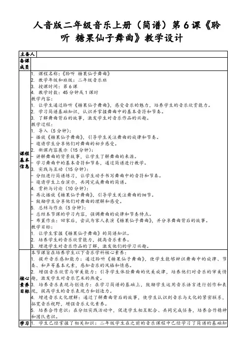 人音版二年级音乐上册(简谱)第6课《聆听糖果仙子舞曲》教学设计