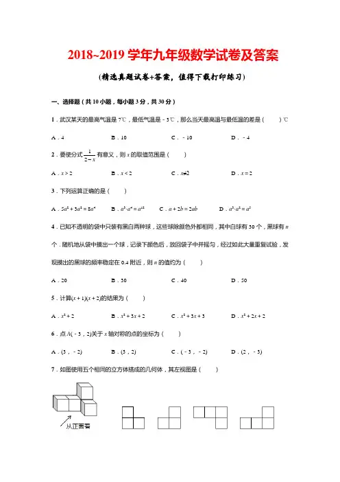 2018~2019学年九年级数学试卷及答案(word版)
