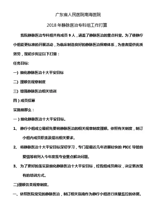 2018年静脉医治小组工作打算