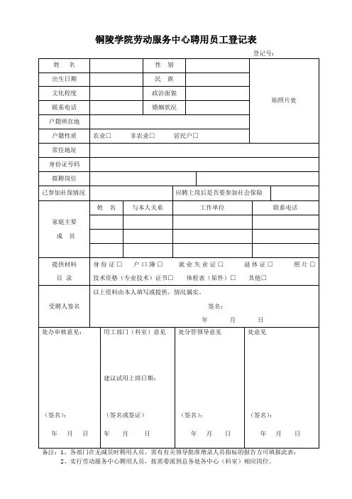 劳动服务中心聘用员工登记表