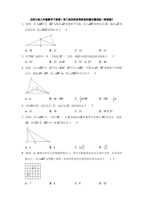 北师大初二数学8年级下册 第1章(三角形的证明)经典好题专题训练(含答案)