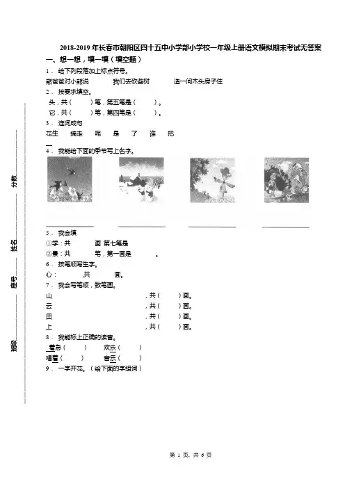 2018-2019年长春市朝阳区四十五中小学部小学校一年级上册语文模拟期末考试无答案