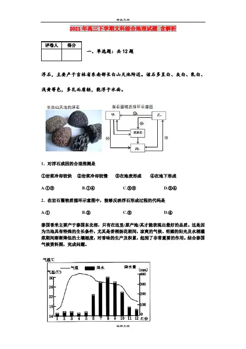 2021年高三下学期文科综合地理试题 含解析