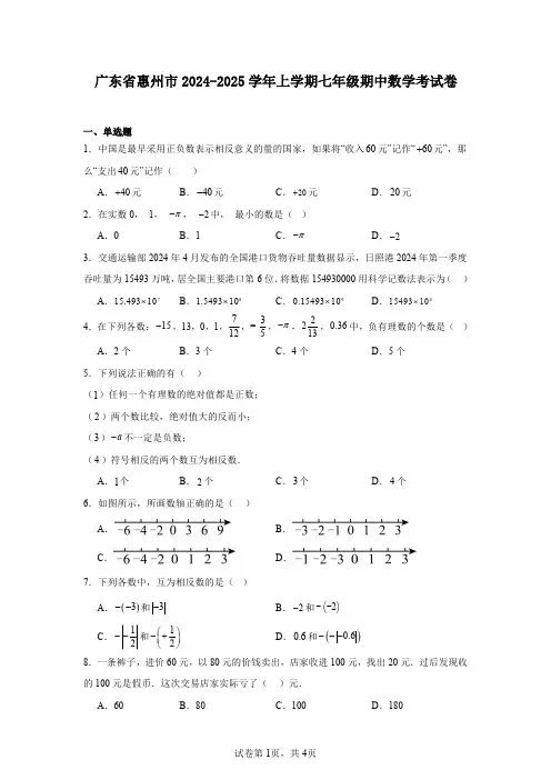 广东省惠州市2024-2025学年上学期七年级期中数学考试卷